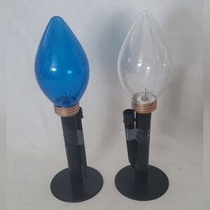 Jumbo Blinking Blue and Clear Decorative Light Bulbs Spike/Base 9" Tall Set Of 2